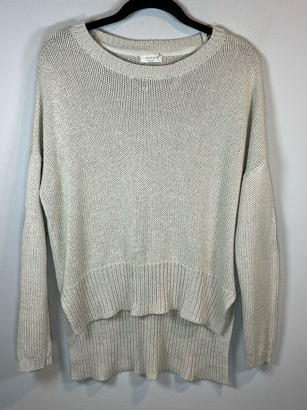 Harper Crew Neck Knit Sweater Beige Elbow Patch High Low Oversize Neutral Medium
